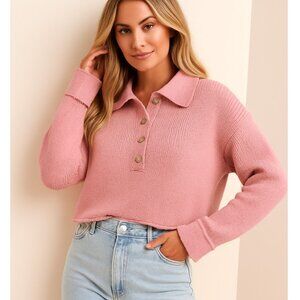 Show Me Your Mumu Crawford Collared Cropped Sweater Pink Knit Size S Cotton